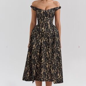 House of CB Charming Black and Gold Lace Off-Shoulder Dress